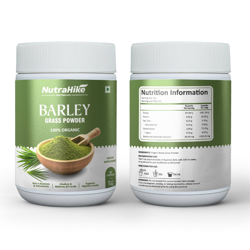 NutraHike Organic Barley Grass Powder 250g – Rich in Chlorophyll, Antioxidants & Nutrients, Supports Detox, Digestion & Immune Health, Natural Green Superfood for Wellness