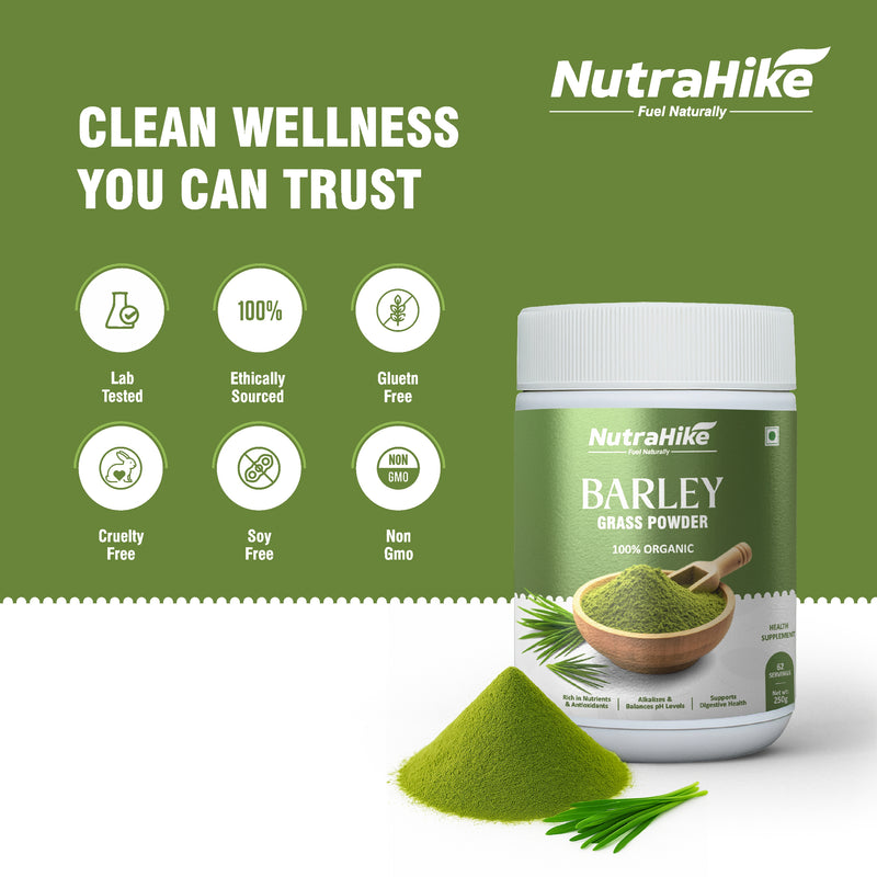 NutraHike Organic Barley Grass Powder 250g – Rich in Chlorophyll, Antioxidants & Nutrients, Supports Detox, Digestion & Immune Health, Natural Green Superfood for Wellness