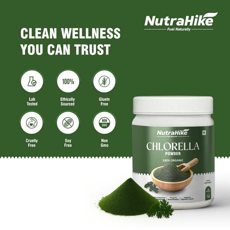 NutraHike Chlorella Powder 200g, Detox & Immune Support, High-Protein Green Superfood, Rich in Vitamins & Minerals