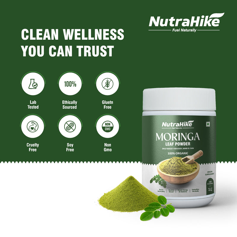 NutraHike Moringa Leaf Powder 450g – Superfood, Rich in Vitamins, Minerals & Antioxidants, Supports Energy, Immunity & Detox, Natural Green Powder for Health & Wellness