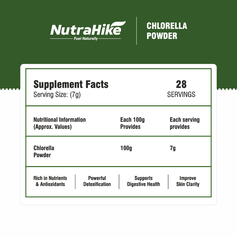 NutraHike Chlorella Powder 200g, Detox & Immune Support, High-Protein Green Superfood, Rich in Vitamins & Minerals