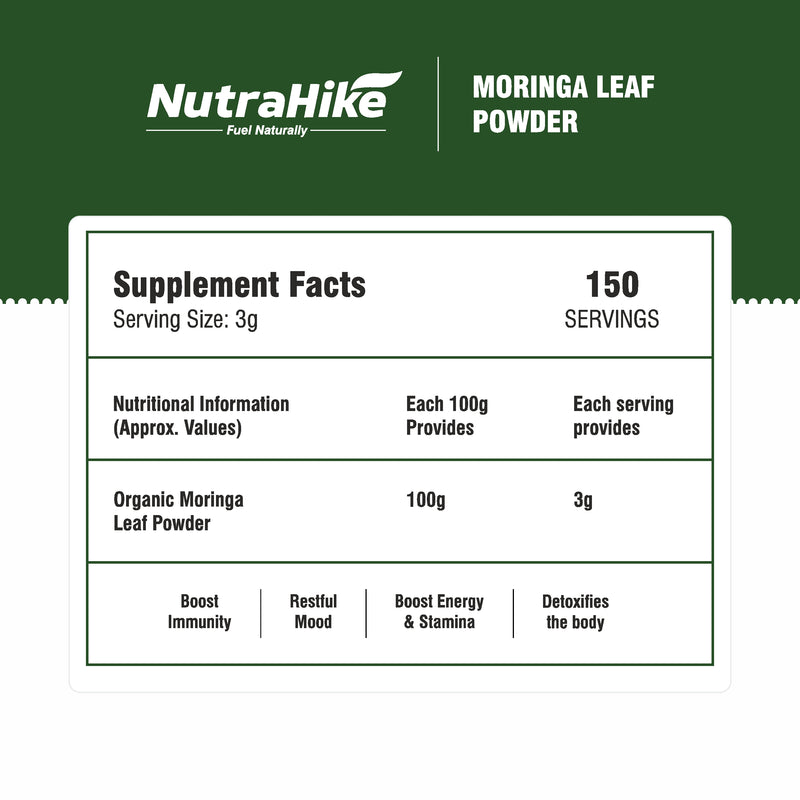 NutraHike Moringa Leaf Powder 450g – Superfood, Rich in Vitamins, Minerals & Antioxidants, Supports Energy, Immunity & Detox, Natural Green Powder for Health & Wellness