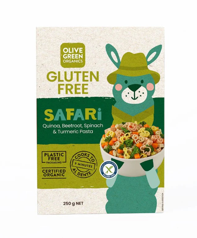 Olive Green Organics - Safari Pasta - Gluten Free - Quinoa, Beetroot, Spinach & Turmeric Pasta 250g