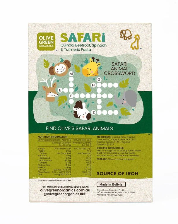 Olive Green Organics - Safari Pasta - Gluten Free - Quinoa, Beetroot, Spinach & Turmeric Pasta 250g