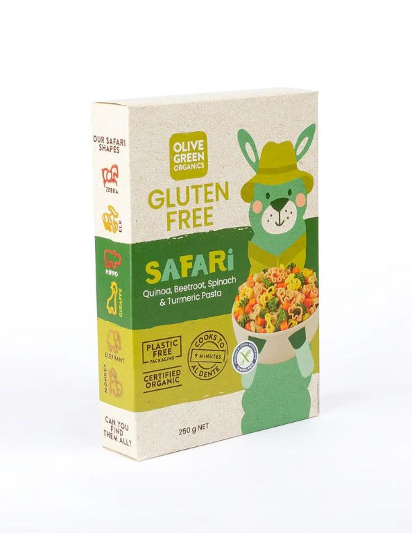 Olive Green Organics - Safari Pasta - Gluten Free - Quinoa, Beetroot, Spinach & Turmeric Pasta 250g