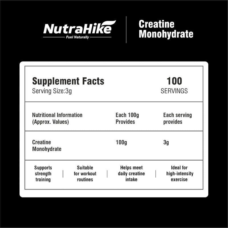 NutraHike Creatine Monohydrate Powder 300g – Micronized Creatine, High Purity, Unflavoured, Muscle Strength & Performance Support, German Sourced