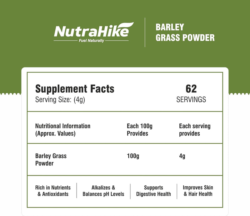 NutraHike Organic Barley Grass Powder 250g – Rich in Chlorophyll, Antioxidants & Nutrients, Supports Detox, Digestion & Immune Health, Natural Green Superfood for Wellness