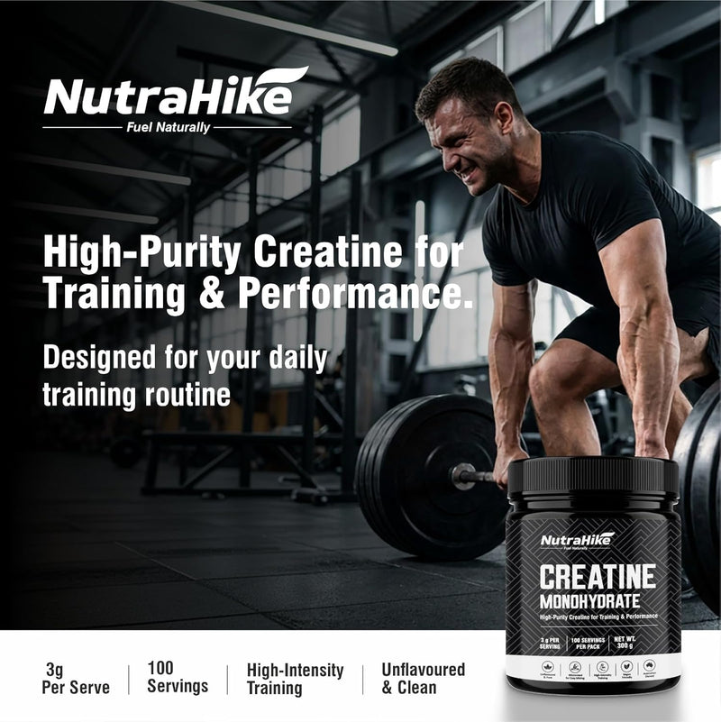 NutraHike Creatine Monohydrate Powder 300g – Micronized Creatine, High Purity, Unflavoured, Muscle Strength & Performance Support, German Sourced