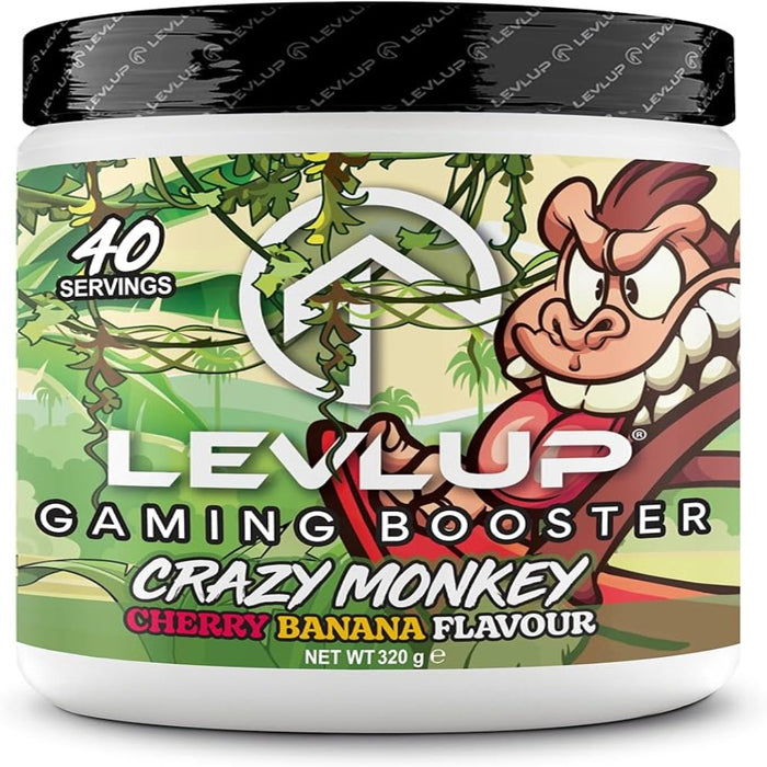 LevlUp Crazy Monkey Gaming Booster, Energy, Focus and Concentration Drink for Gamers with Taurine, Caffeine, L-Tyrosine and Vitamin B12, Cherry and Banana Flavour, 320 g, 40 Servings