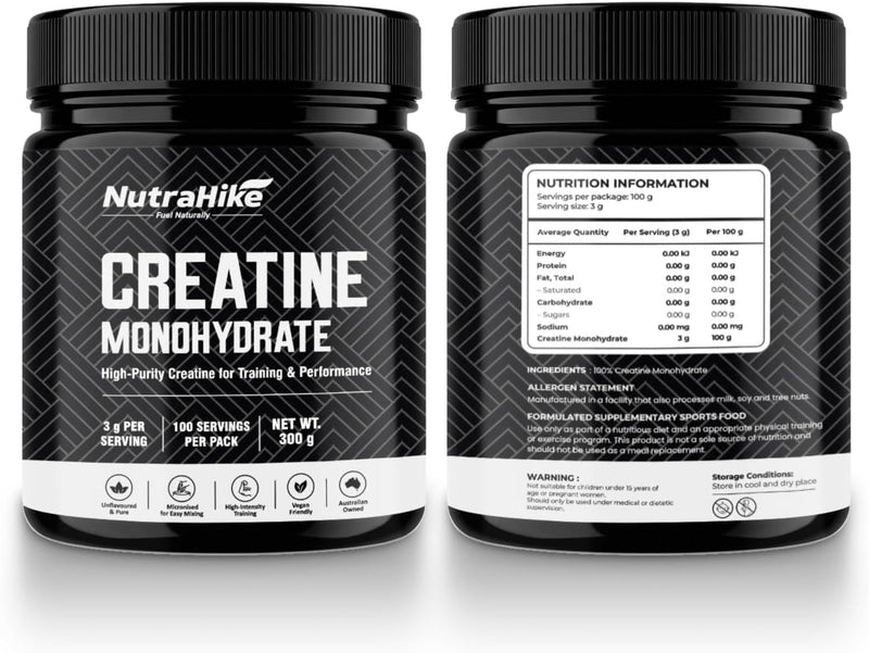 NutraHike Creatine Monohydrate Powder 300g – Micronized Creatine, High Purity, Unflavoured, Muscle Strength & Performance Support, German Sourced
