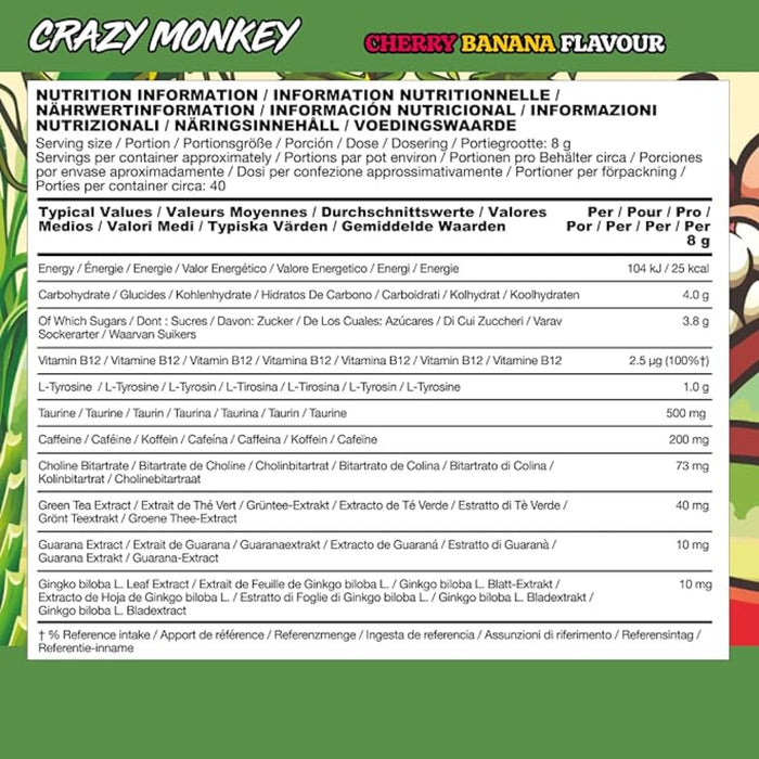 LevlUp Crazy Monkey Gaming Booster, Energy, Focus and Concentration Drink for Gamers with Taurine, Caffeine, L-Tyrosine and Vitamin B12, Cherry and Banana Flavour, 320 g, 40 Servings