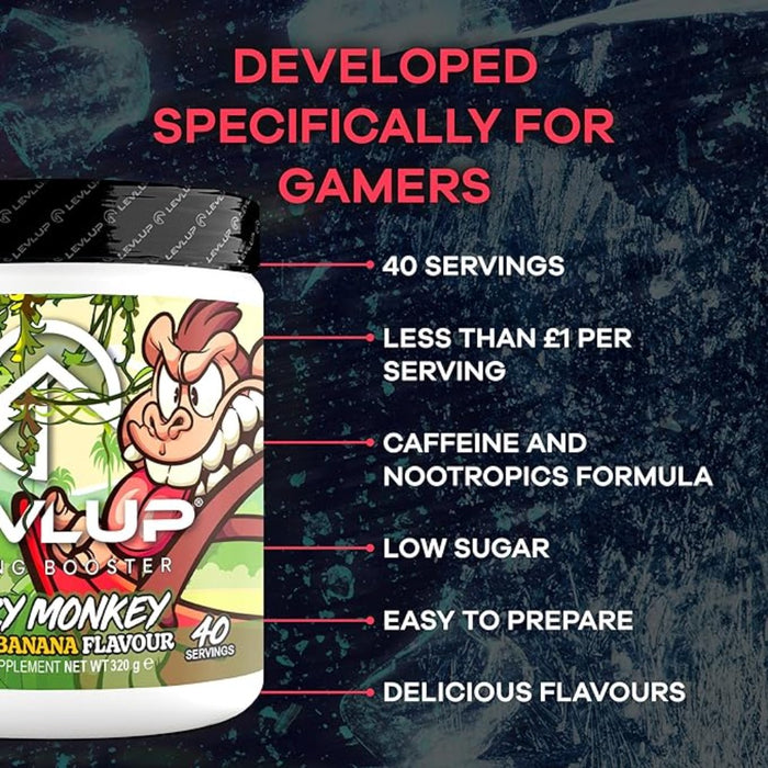 LevlUp Crazy Monkey Gaming Booster, Energy, Focus and Concentration Drink for Gamers with Taurine, Caffeine, L-Tyrosine and Vitamin B12, Cherry and Banana Flavour, 320 g, 40 Servings