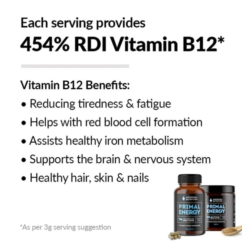 Beef Liver Powder | 100g - Grass Fed Beef Liver Supplements with Natural Iron, Vitamin B12 & Vitamin A - Heart Health and Immunity Primal Energy Powder By Ancestral Nutrition