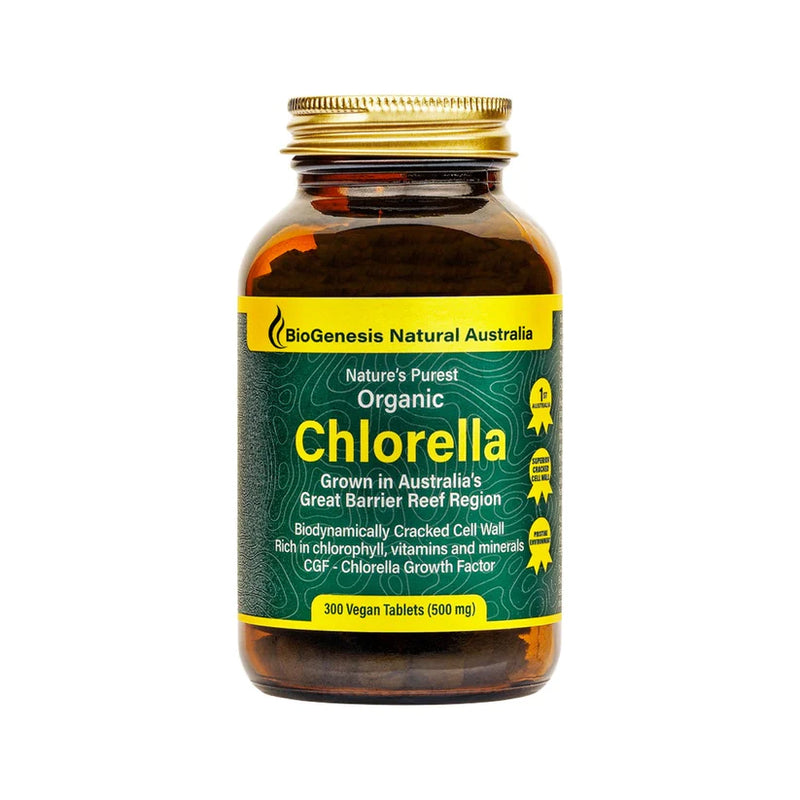 BioGenesis Natural Australia Natures Purest Organic Chlorella 500mg 300 tabs Glass