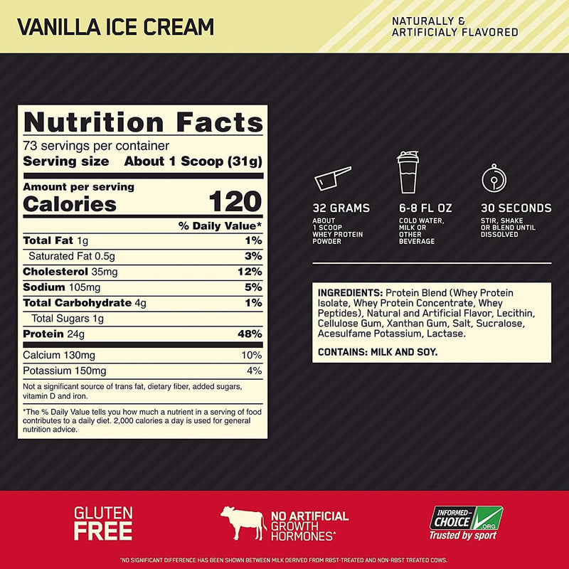 OPTIMUM NUTRITION Gold Standard 100percent Whey Protein Powder, Vanilla Ice Cream, 5lb - 2.27 kg