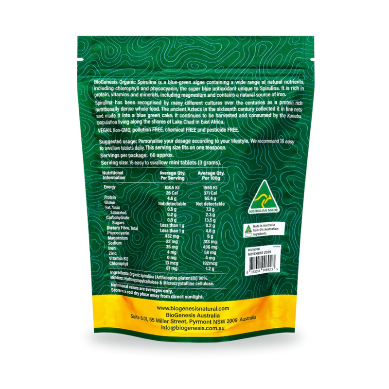 BioGenesis Australian Organic Spirulina & Chlorella 1000 mini tablets Stand-up Sachet