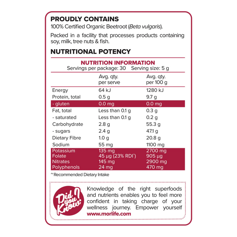 Morlife Certified Organic Beetroot Powder 150g | Gluten Free, Vegan  & Antioxidant Rich