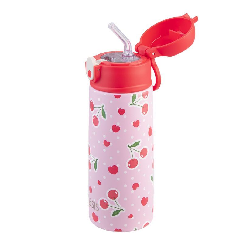 Oasis Stainless Steel Double Wall Insulated Kids Drink Bottle with Sipper Straw 550ml (CHERRY CRUSH)