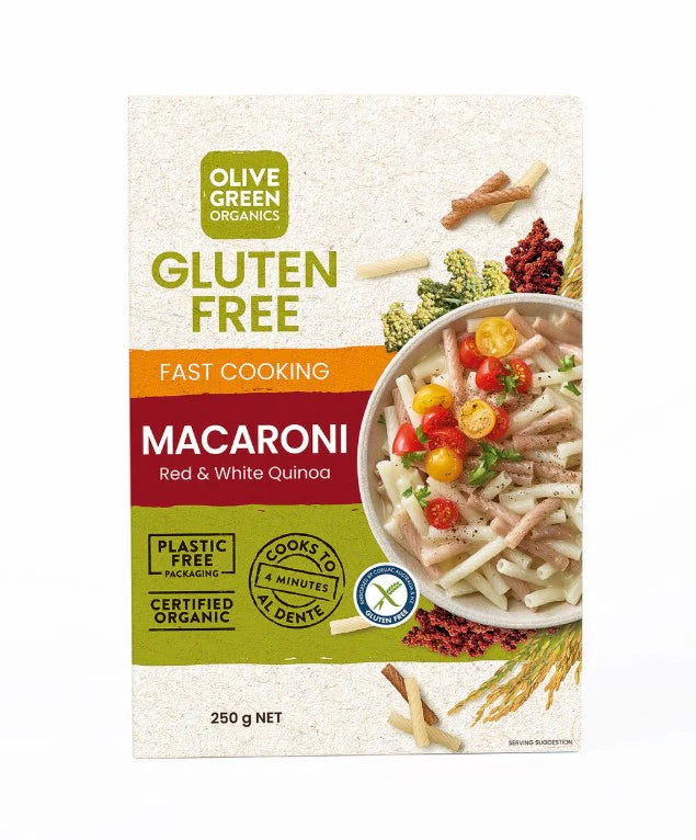 Olive Green Organics Fast Cooking Red & White Quinoa Macaroni 250g – Gluten Free Pasta