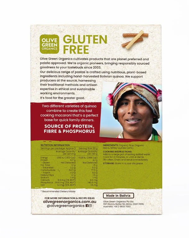 Olive Green Organics Fast Cooking Red & White Quinoa Macaroni 250g – Gluten Free Pasta