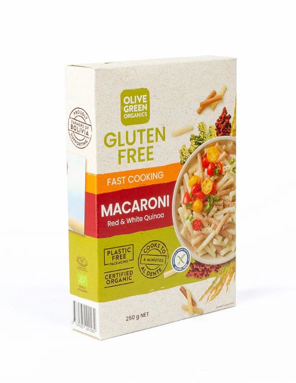 Olive Green Organics Fast Cooking Red & White Quinoa Macaroni 250g – Gluten Free Pasta
