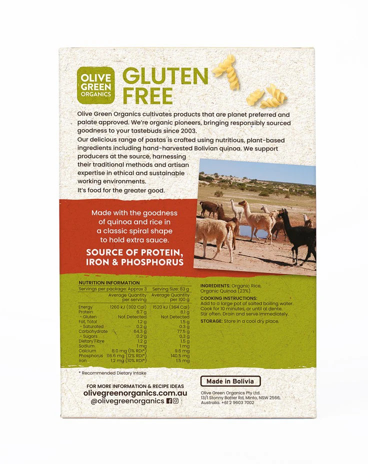 Olive Green Organics Fusilli Quinoa & Rice Pasta 250g – Gluten Free Spiral Pasta