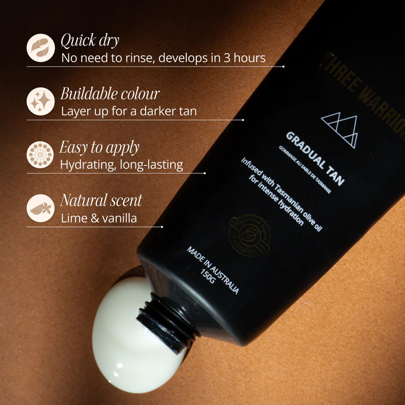Three Warriors Natural Gradual Tan 150g – Hydrating Daily Gradual Self Tanner for a Natural Bronzed Glow