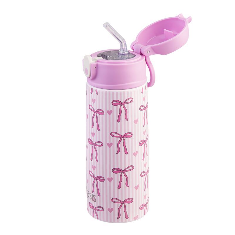Oasis Stainless Steel Double Wall Insulated Kids Drink Bottle with Sipper Straw 550ml (BOWS & HEARTS)