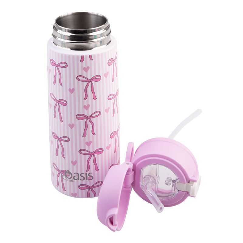 Oasis Stainless Steel Double Wall Insulated Kids Drink Bottle with Sipper Straw 550ml (BOWS & HEARTS)