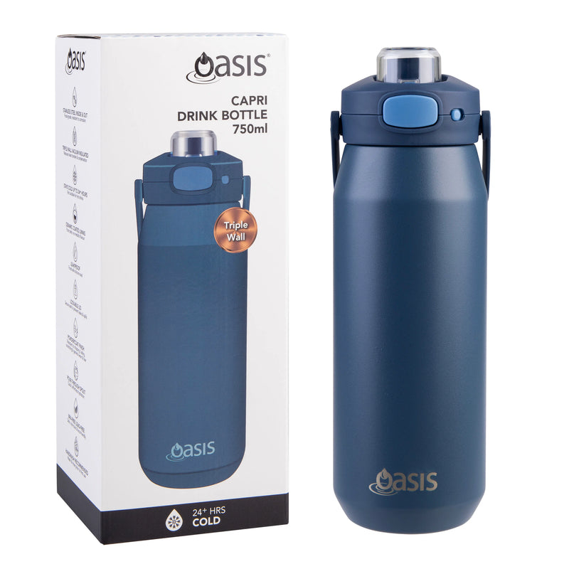 Oasis Ceramic Lined S/S Wall T/Wall INS. Capri Drink Bottle W/ Quick Release Lid 750ml (Indigo)