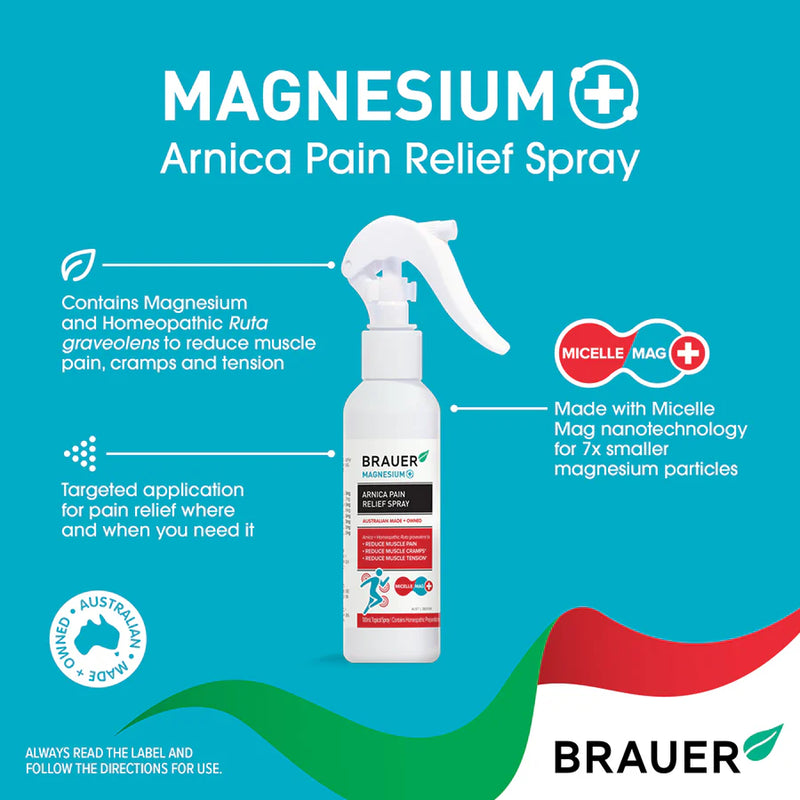 Brauer Magnesium+ Arnica Pain Relief Spray 100ml – Muscle & Joint Pain Relief Spray with Magnesium
