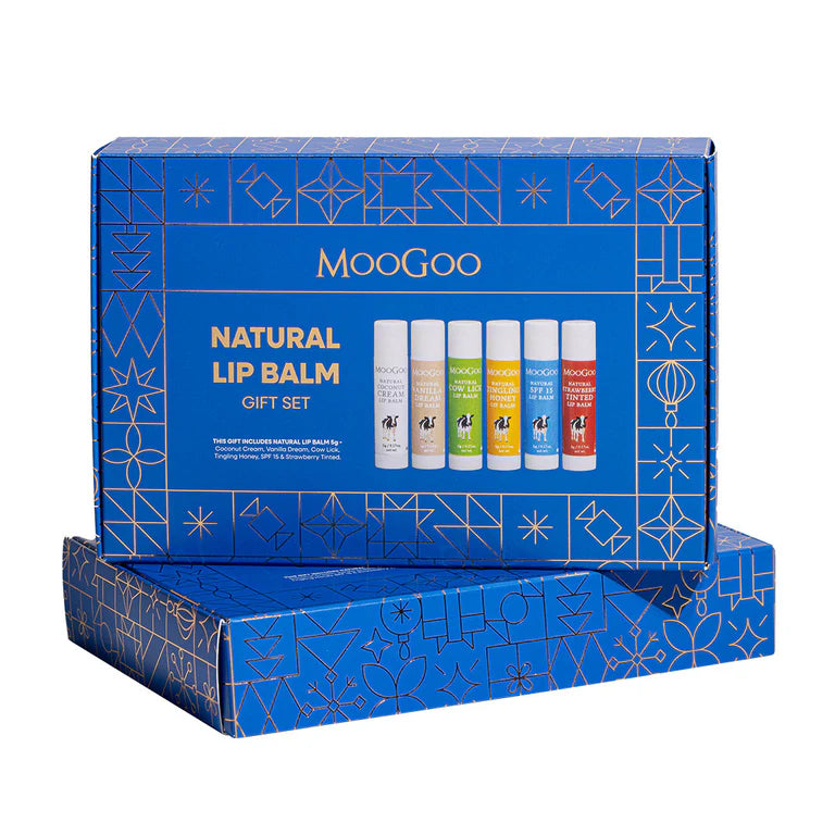MooGoo Natural Lip Balm Gift Set 6-Pack 2025 - Organic Hydrating Balms with SPF15 | Holiday Christmas Stocking Stuffer for Chapped Lips