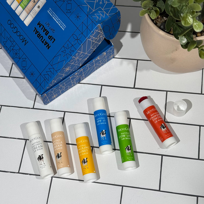 MooGoo Natural Lip Balm Gift Set 6-Pack 2025 - Organic Hydrating Balms with SPF15 | Holiday Christmas Stocking Stuffer for Chapped Lips