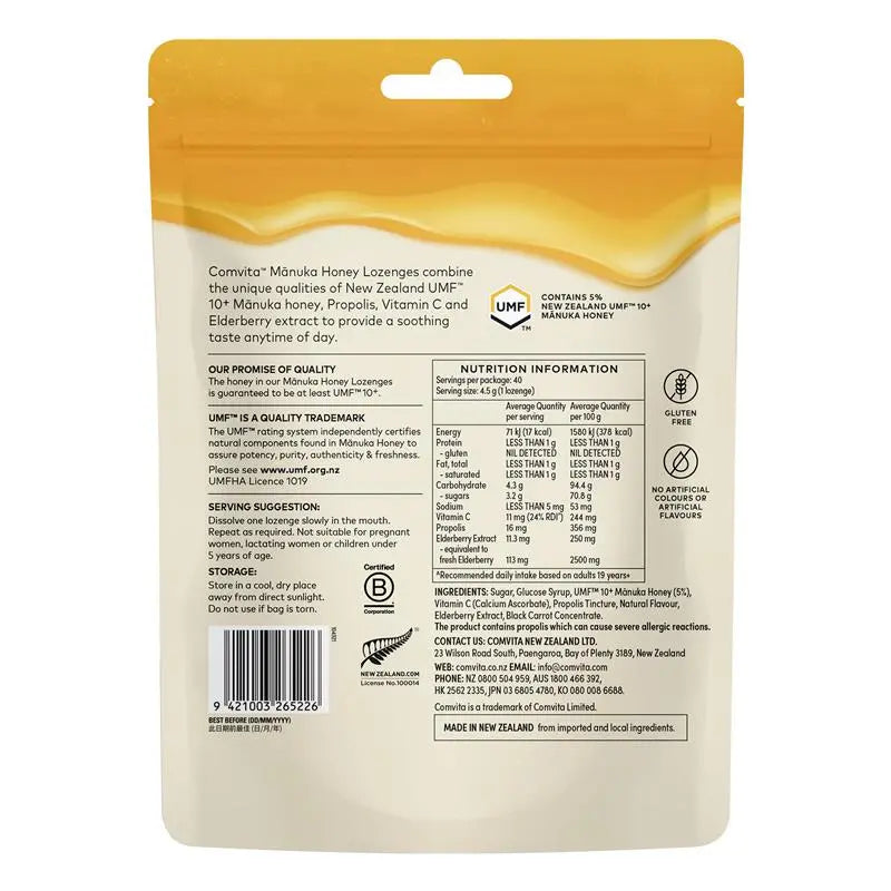 Comvita Soothing Manuka Honey Lozenges Elderberry Extract and Vitamin CF 40pk