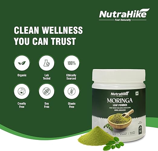 NutraHike Organic Moringa Leaf Powder 200g | 100% Pure & Natural | Rich in Antioxidants | Supports Immunity, Energy, Skin & Detox | Vegan & Chemical Free