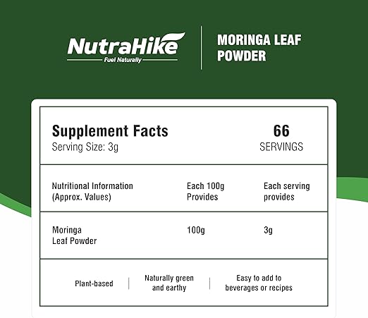 NutraHike Organic Moringa Leaf Powder 200g | 100% Pure & Natural | Rich in Antioxidants | Supports Immunity, Energy, Skin & Detox | Vegan & Chemical Free