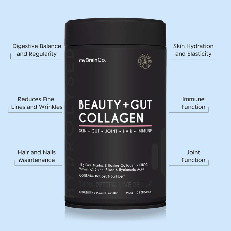 My Brain Co Beauty + Gut Collagen 490g – Dual Collagen Peptides with Prebiotic Fibre for Skin, Hair & Gut Health