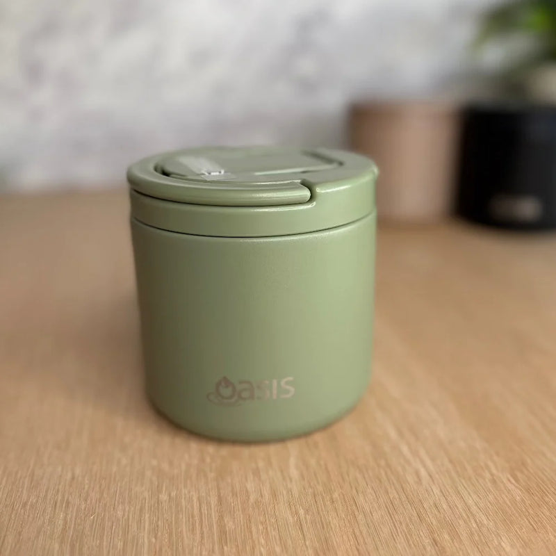 Oasis S/S Double Wall Insulated Food Flask W/Quick Release Lid & Spork 550ml Olive Green