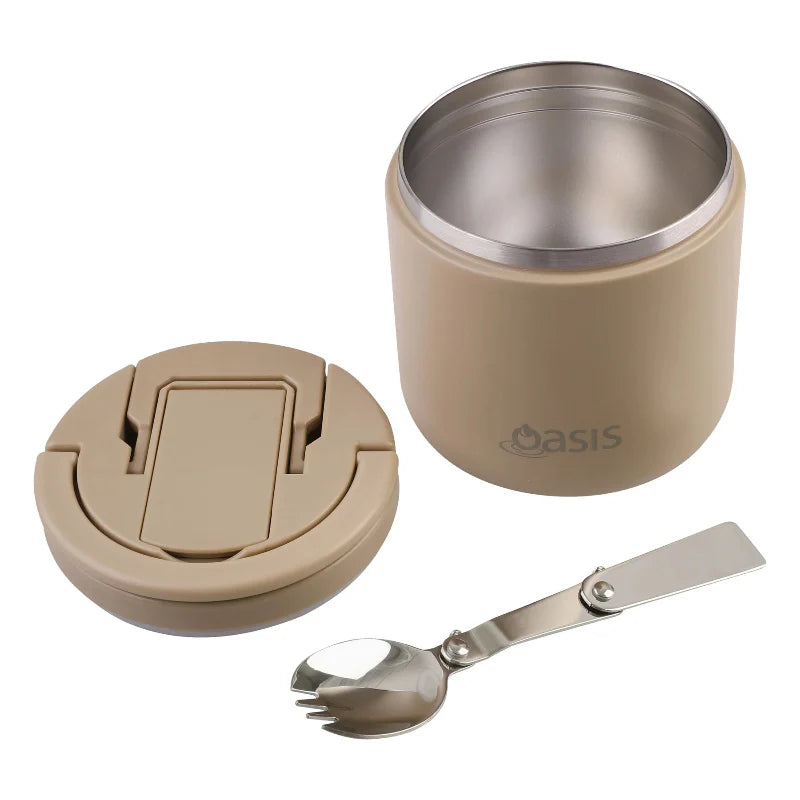 Oasis S/S Double Wall Insulated Food Flask W/Quick Release Lid & Spork 550ml Latte