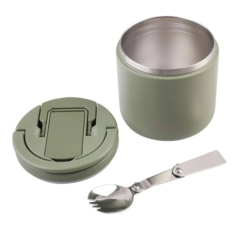 Oasis S/S Double Wall Insulated Food Flask W/Quick Release Lid & Spork 550ml Olive Green