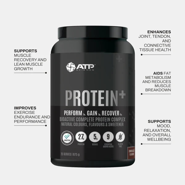 ATP Science Protein+ Bioactive & Complete, With Collagen Peptides & Tryptophan, Chocolate Flavour 875g | Gluten Free, Hasta Cert