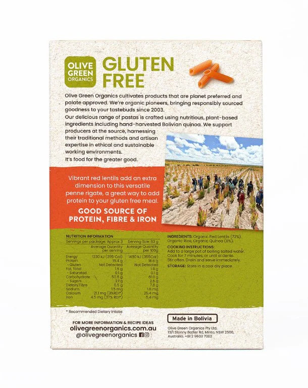 Olive Green Organics Gluten Free Red Lentil & Quinoa Pasta Penne Rigate 250g