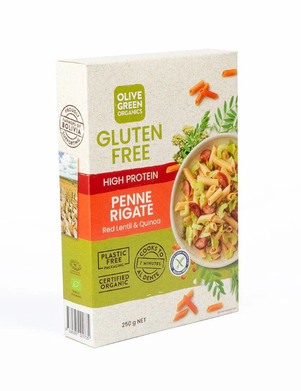 Olive Green Organics Gluten Free Red Lentil & Quinoa Pasta Penne Rigate 250g