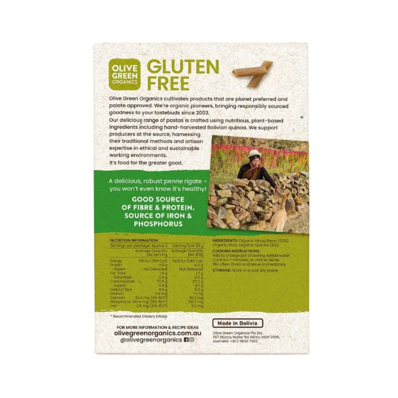 Olive Green Organics Mung Bean and Quinoa Organic Gluten Free Pasta Penne Rigate 250g