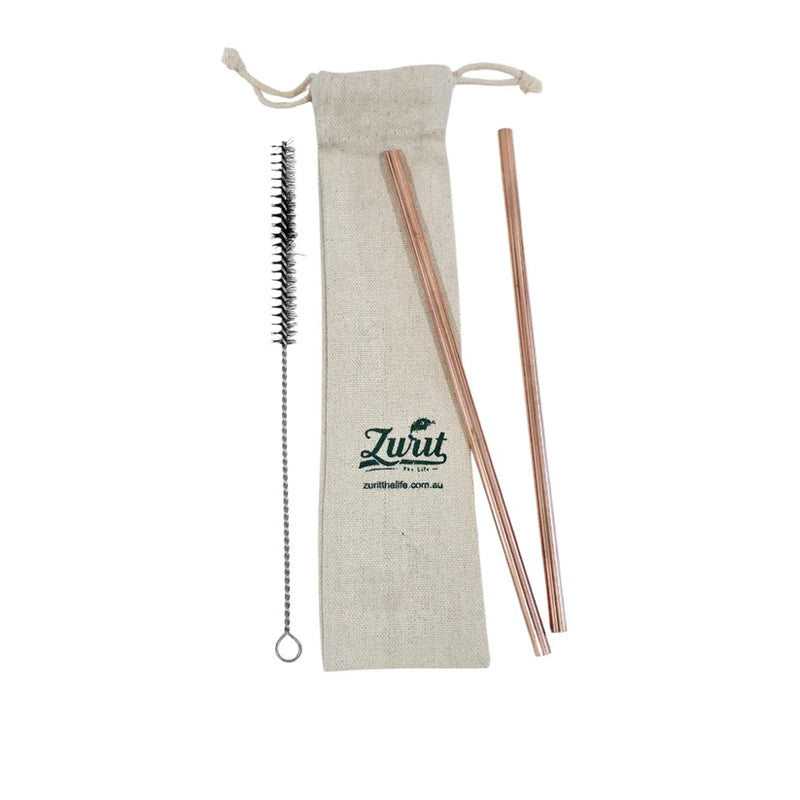 Zurit Premium Copper Straw Set of 2 with Cleaning Brush Comes In Cotton Pouch
