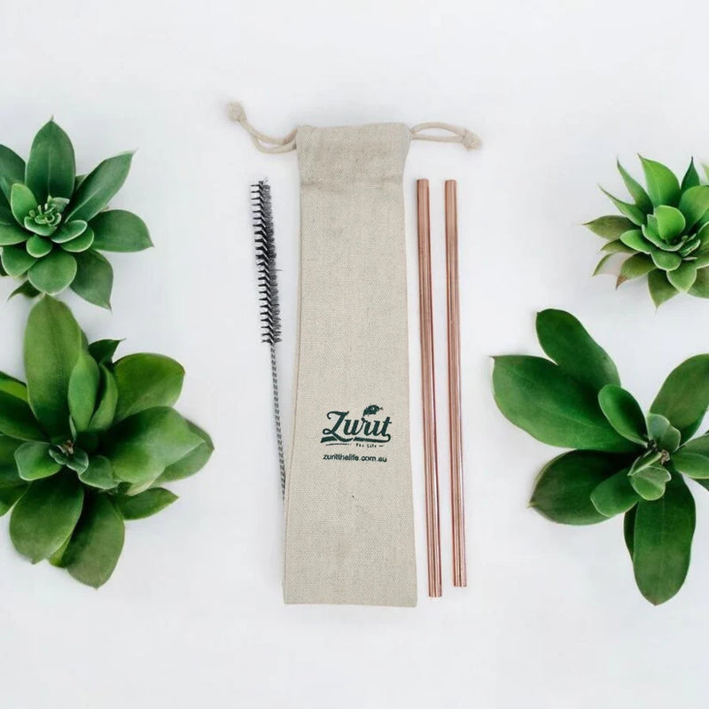 Zurit Premium Copper Straw Set of 2 with Cleaning Brush Comes In Cotton Pouch