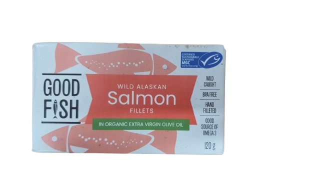 Olive Green Organics Good Fish Wild Alaskan Salmon Fillets in Natural Water 120g