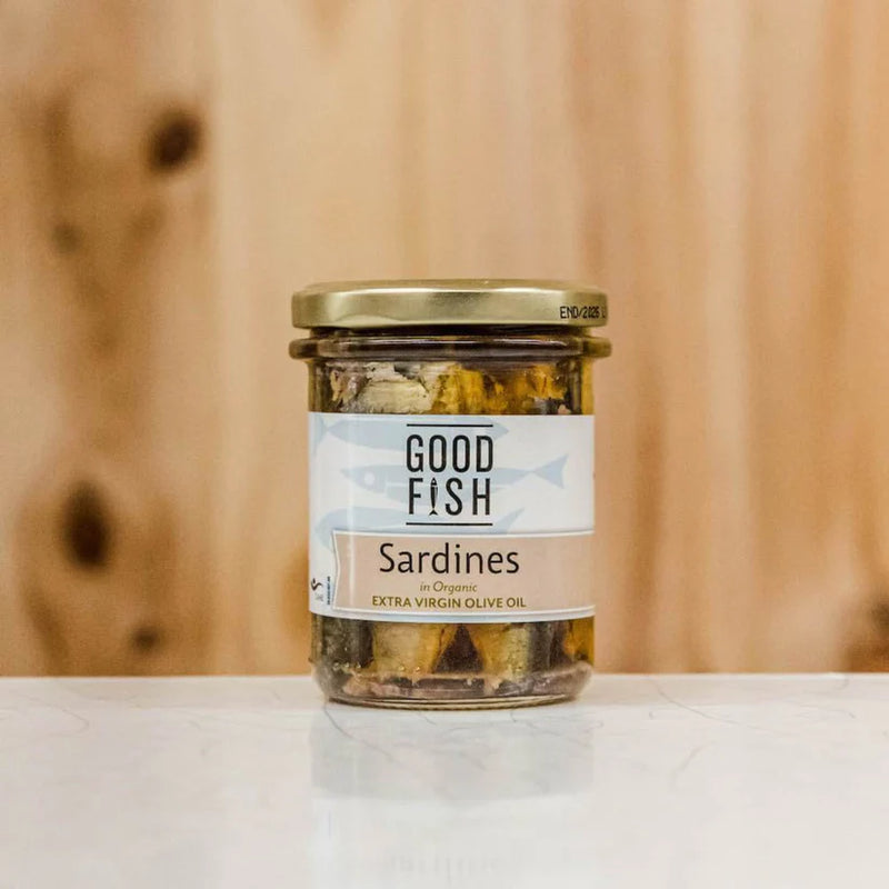 Olive Green Organics Good Fish Wild Sardines Fillets 195g – In Organic Extra Virgin Olive Oil