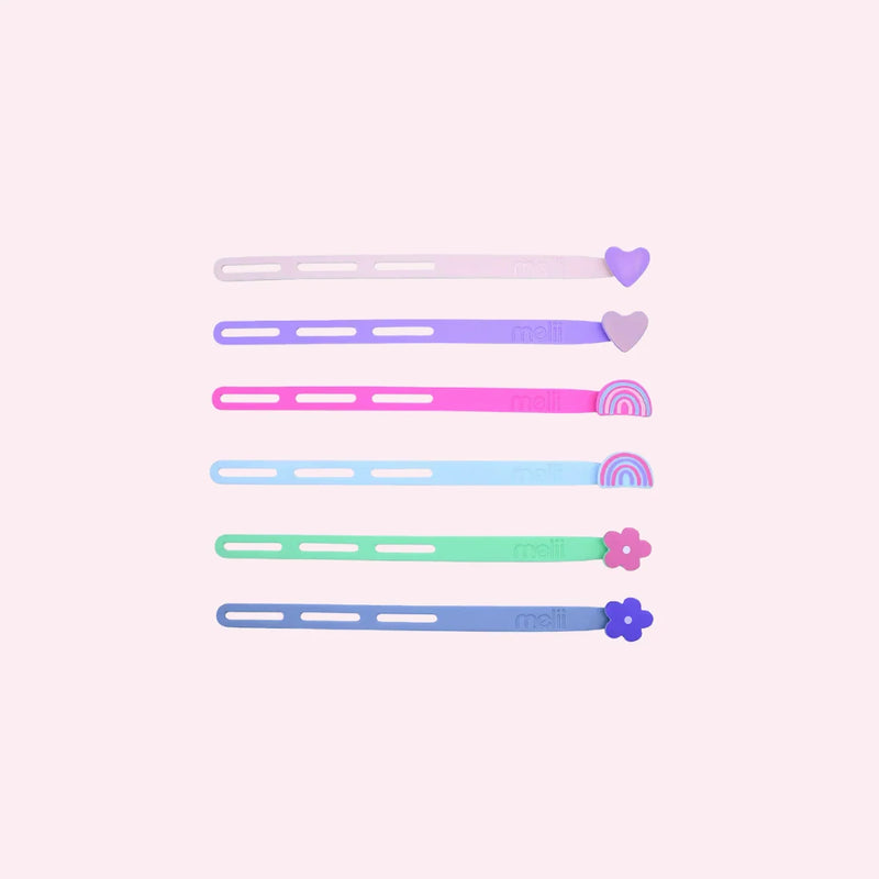 Melii Luxe Silicone Wrap Bands Set of 6 – Flower, Heart & Rainbow Reusable Silicone Bands
