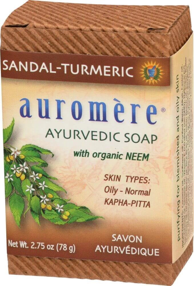 Auromere Sandal-Turmeric Neem Ayurvedic Soap Bar 78g - Natural Vegan Purifying Cleanser for Blemished Oily Skin